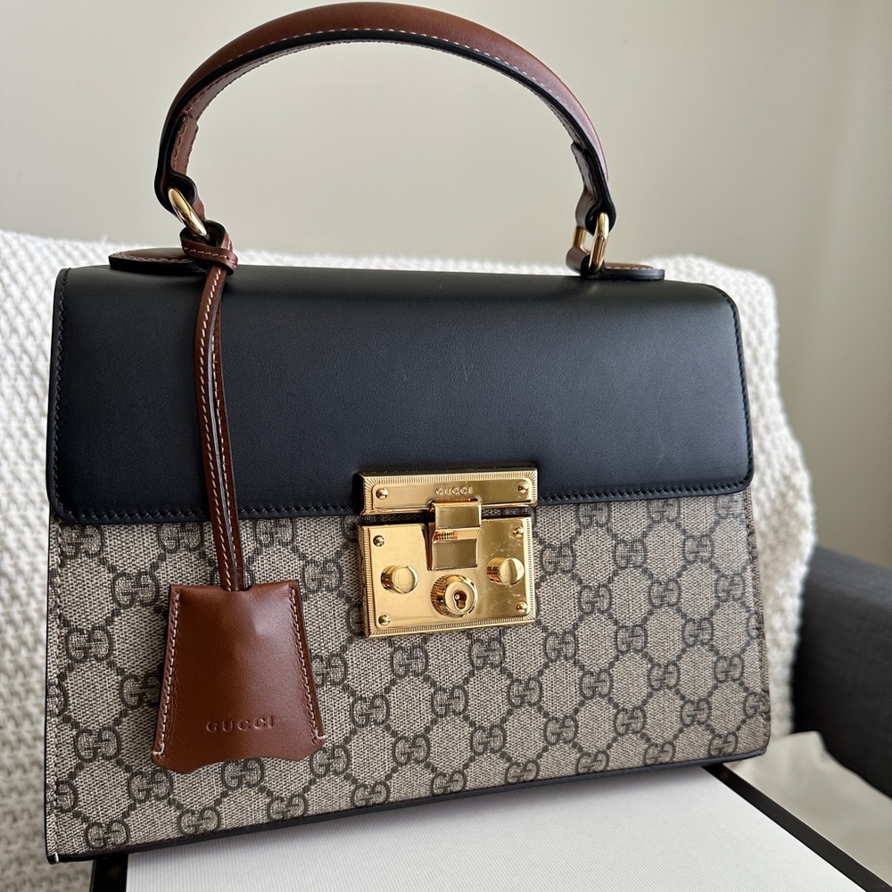 GUCCI Supreme Monogram Calfskin Small Padlock Top Handle Bag Beige Black Cuir